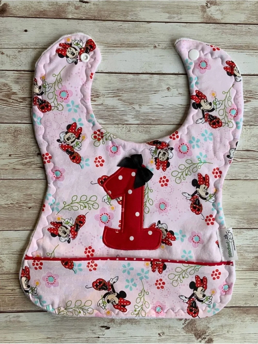 Pink Minnie Mouse First Birthday Pocketed Bib with Red '1' Applique